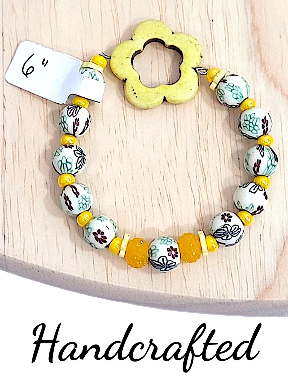 Hand Crafted Kids Yellow Clay Beaded Floral Stretch Bracelet Size 6"